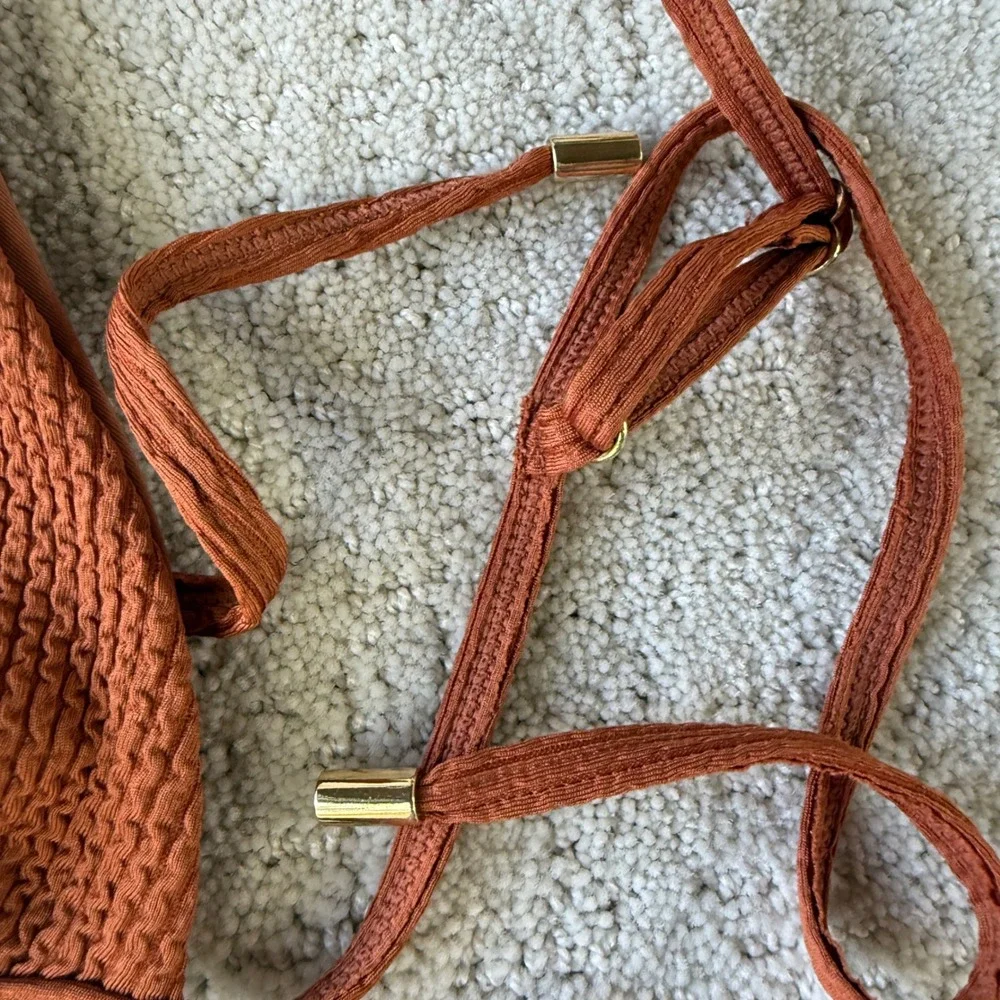 Monday Swimwear Bikini Set Women P/M Rust Brown Crinkle Triangle High Leg 12073
